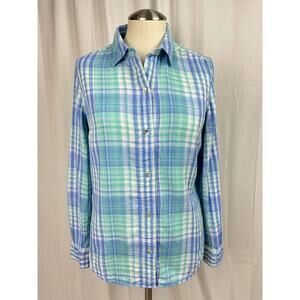 Vineyard Vines Blue Turquoise Villa Plaid Button Down LS Shirt Blouse Size 6